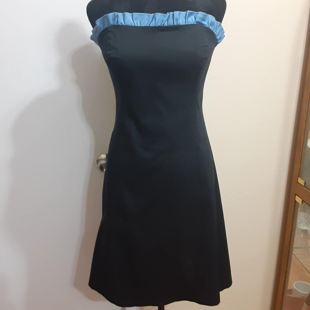 Vintage Robin Jordan Size 8 Strapless Black dress blue ruffle trim Y2K USA